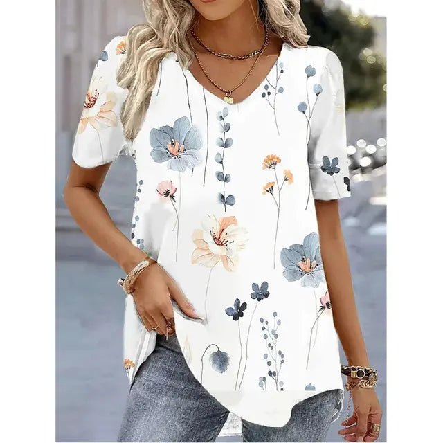 Damen Blumen V-Ausschnitt Kurzarm Top - White