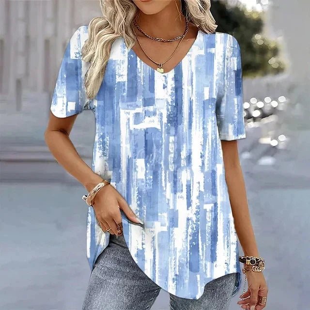 Damen Blumen V-Ausschnitt Kurzarm Top - Blue