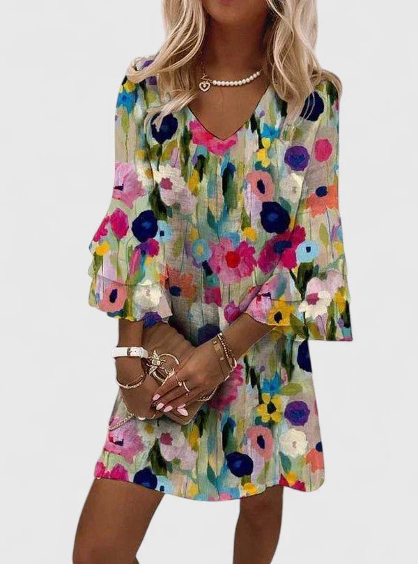 Damen Blumenprint V-Ausschnitt Rüschenärmel Mini-Kleid - Multicolored