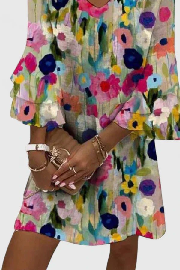 Damen Blumenprint V-Ausschnitt Rüschenärmel Mini-Kleid