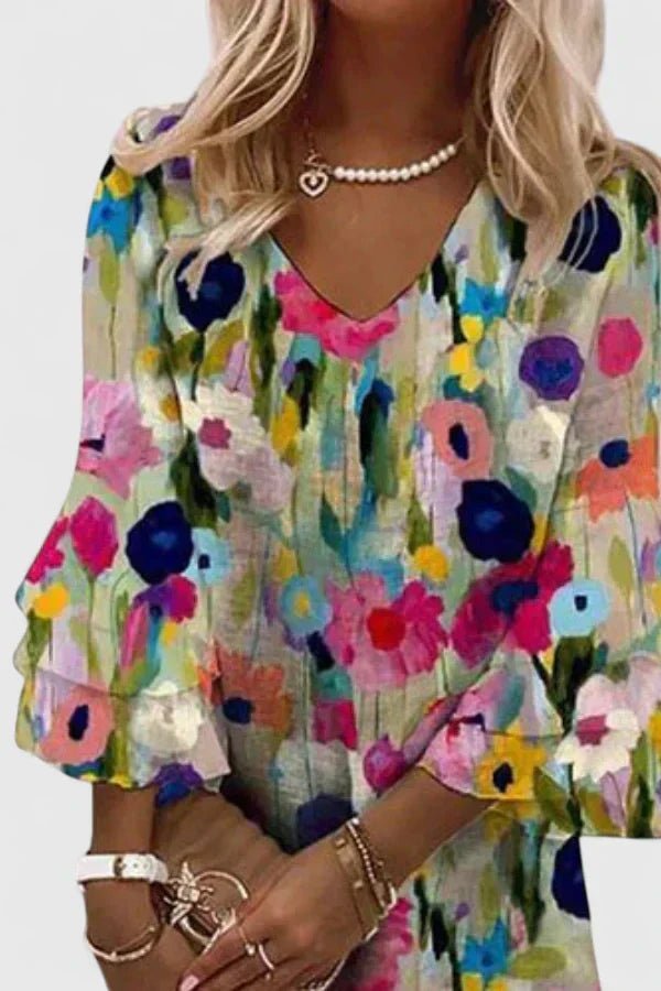 Damen Blumenprint V-Ausschnitt Rüschenärmel Mini-Kleid