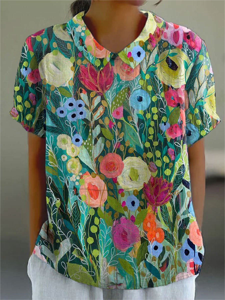 Damen Bluse Aquarell Blumenmuster Kurzarm - Multicolor