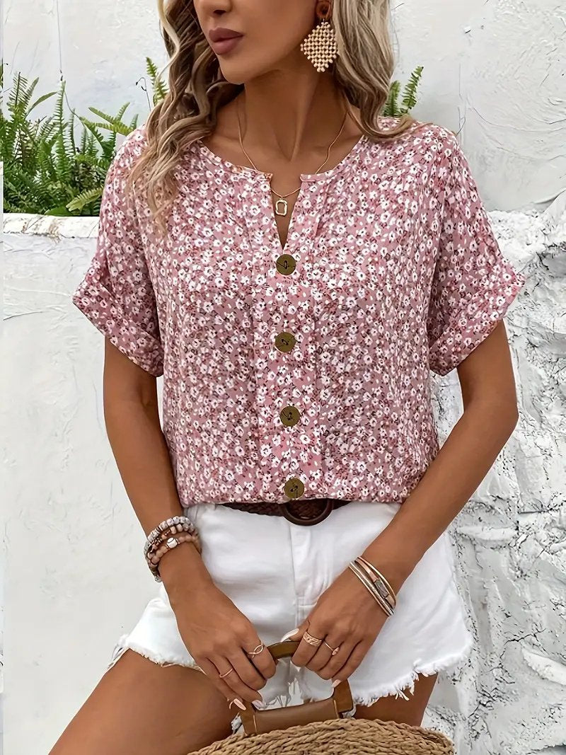 Damen Bluse Baumwolle Blumenmuster Kurzarm Knopfleiste