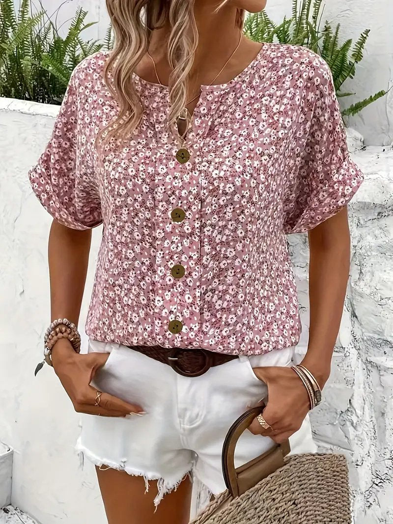 Damen Bluse Baumwolle Blumenmuster Kurzarm Knopfleiste