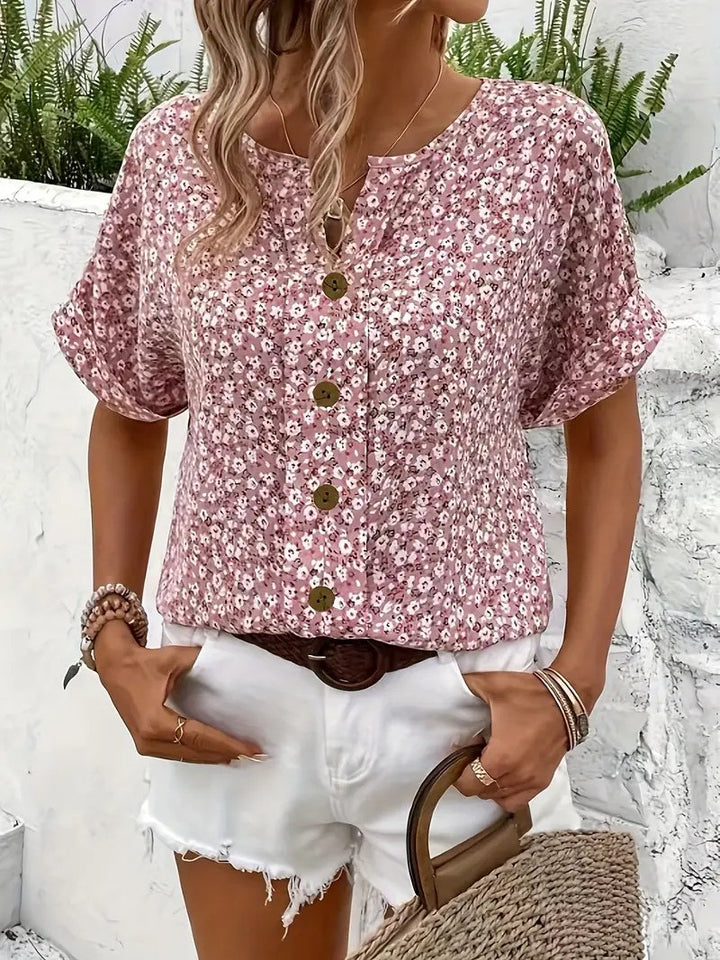 Damen Bluse Baumwolle Blumenmuster Kurzarm Knopfleiste