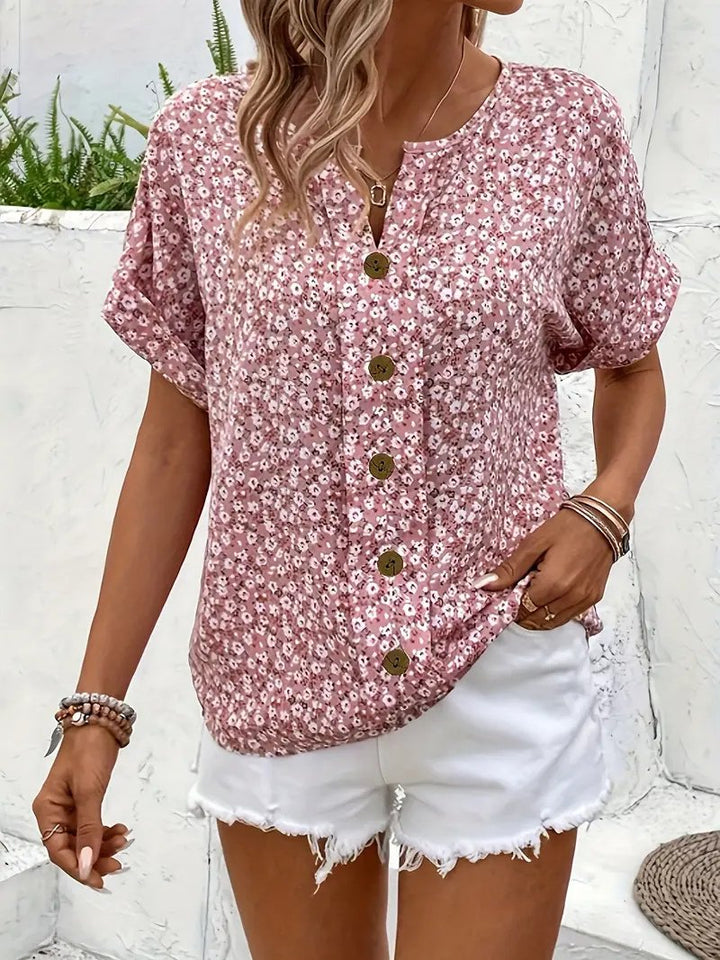 Damen Bluse Baumwolle Blumenmuster Kurzarm Knopfleiste