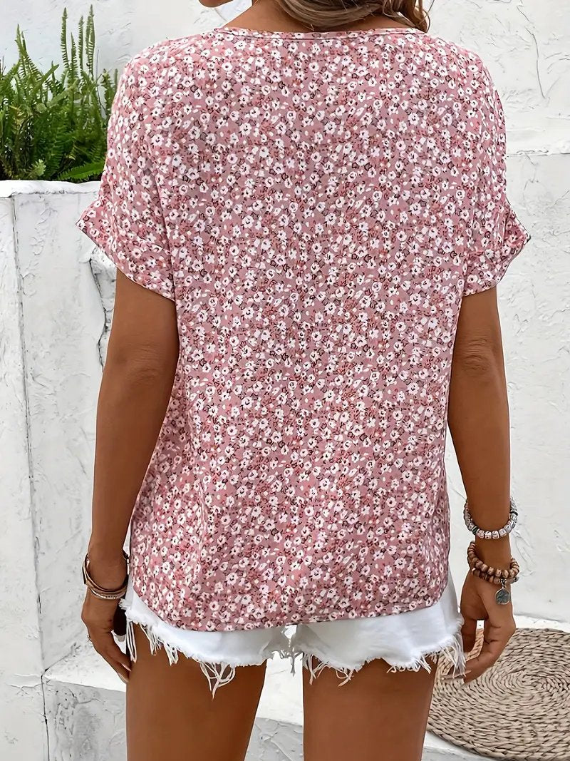 Damen Bluse Baumwolle Blumenmuster Kurzarm Knopfleiste