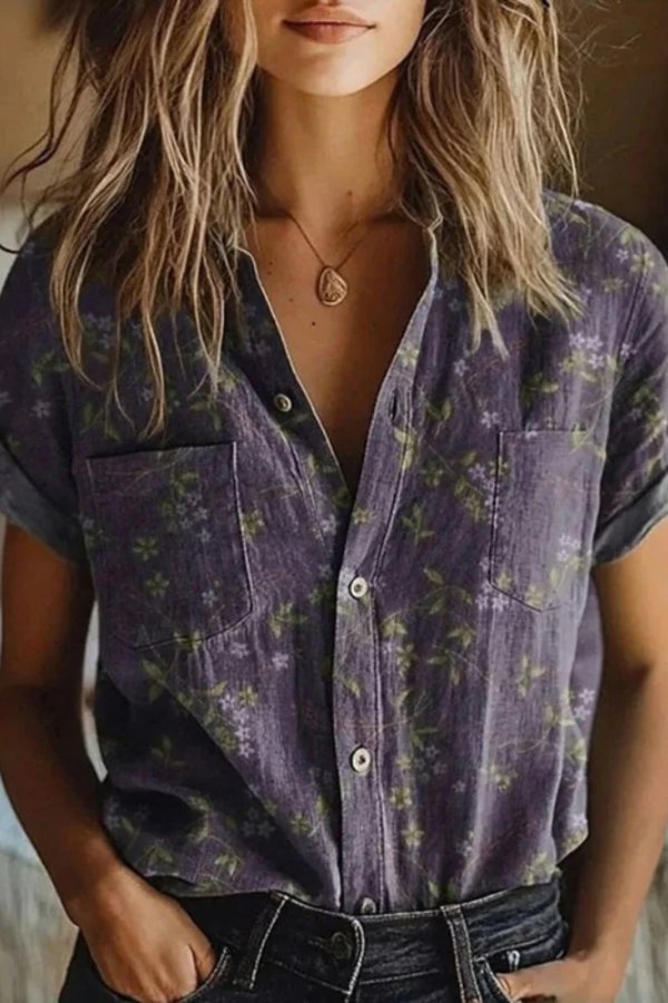 Damen Bluse Baumwolle Vintage Blumenmuster Kurzarm Lapel