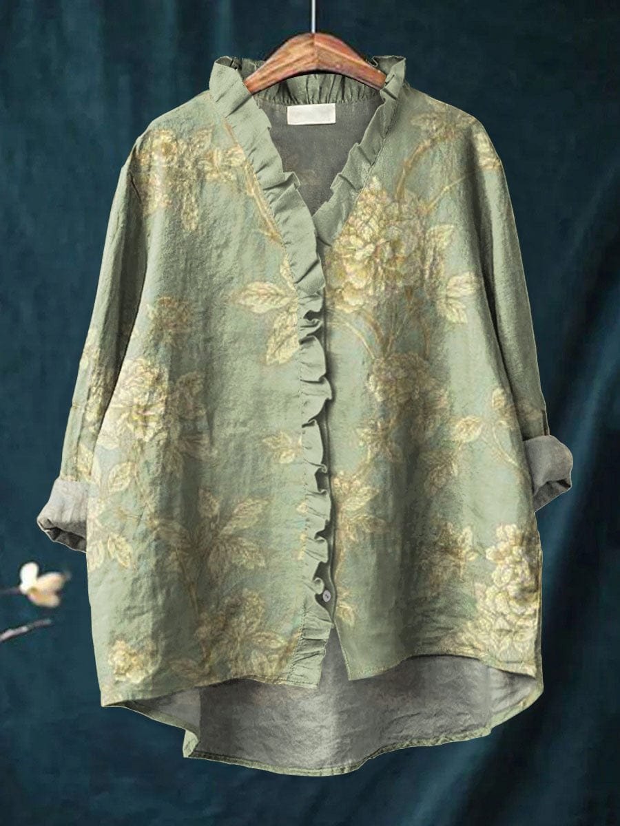 Damen Bluse Blumenmuster Rüschen Leinen