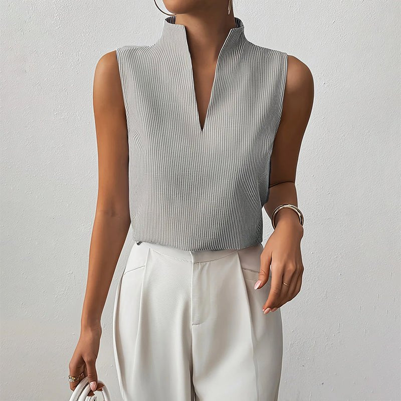 Damen Bluse ärmellos gestreift V-Ausschnitt - Gray