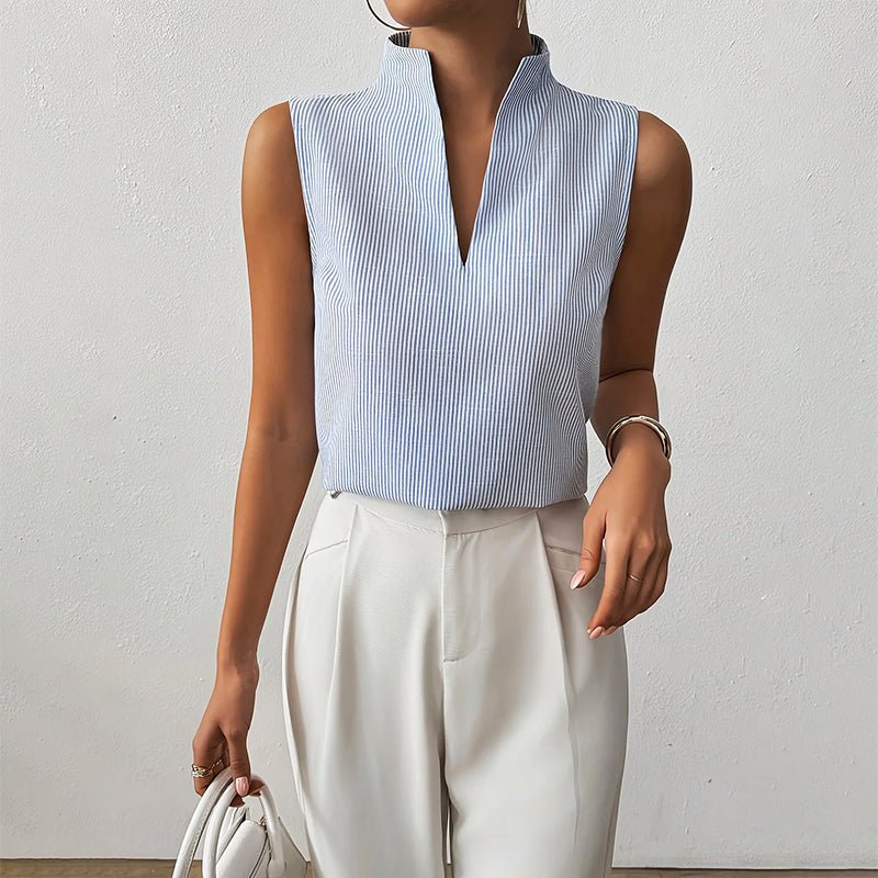 Damen Bluse ärmellos gestreift V-Ausschnitt - Blue