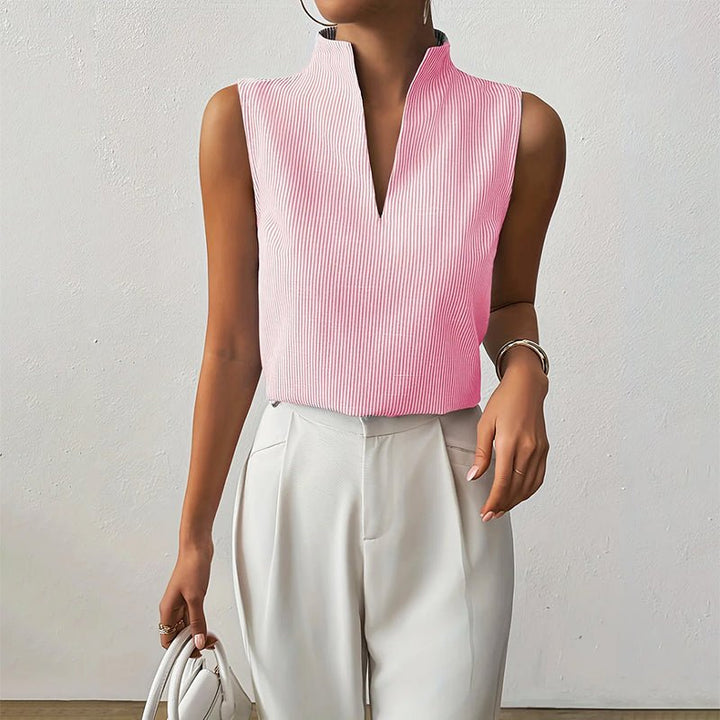 Damen Bluse ärmellos gestreift V-Ausschnitt - Pink