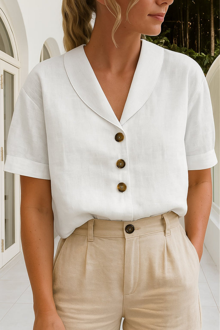 Damen Bluse V-Ausschnitt Kurzarm Business Casual - White