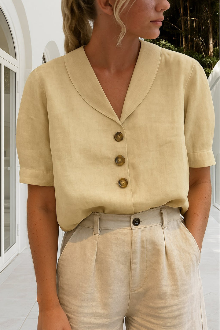 Damen Bluse V-Ausschnitt Kurzarm Business Casual - Beige