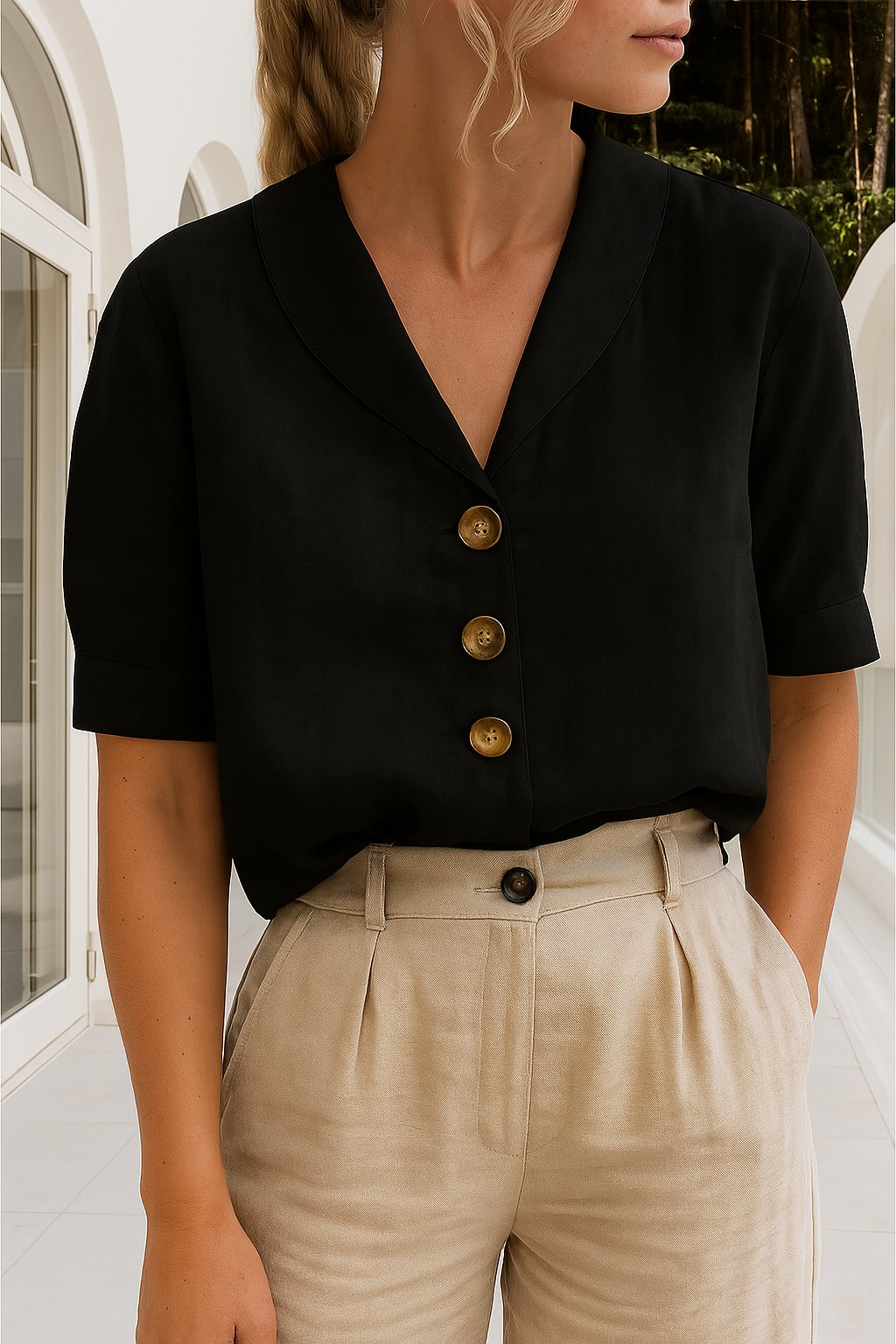 Damen Bluse V-Ausschnitt Kurzarm Business Casual - Black