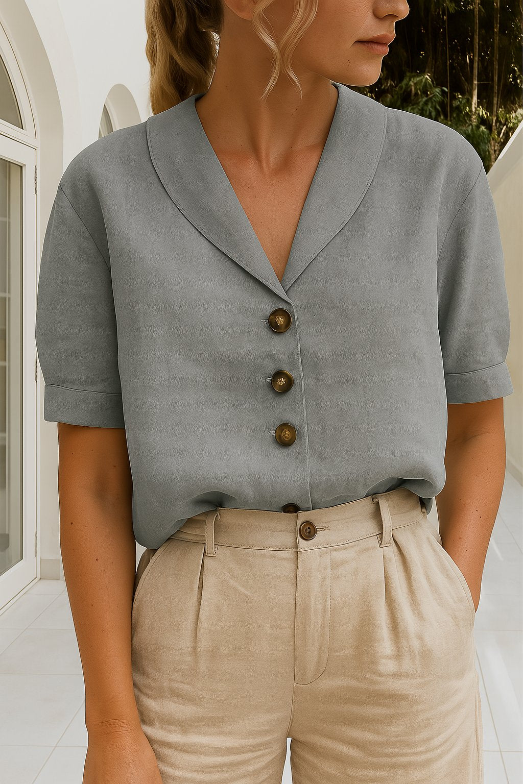 Damen Bluse V-Ausschnitt Kurzarm Business Casual - Grey