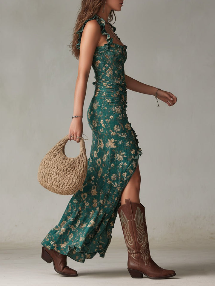 Damen Boho Blumen Maxi Kleid Ärmellos Seitenschlitz