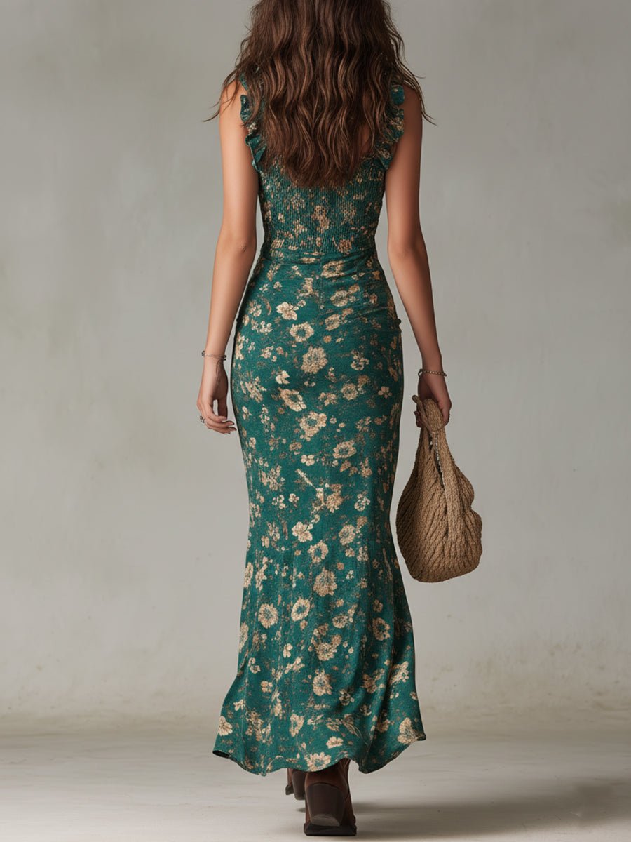 Damen Boho Blumen Maxi Kleid Ärmellos Seitenschlitz