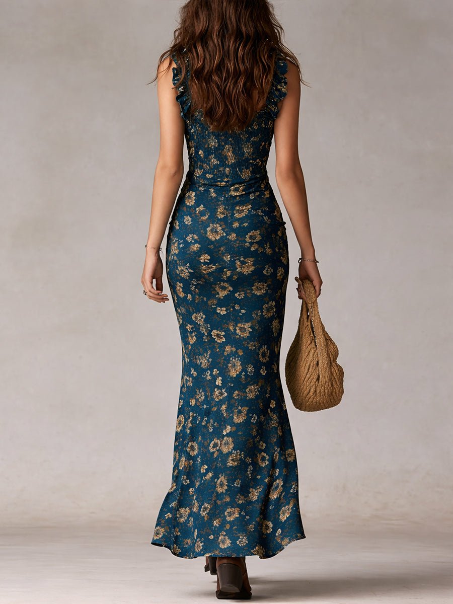 Damen Boho Blumen Maxi Kleid Ärmellos Seitenschlitz