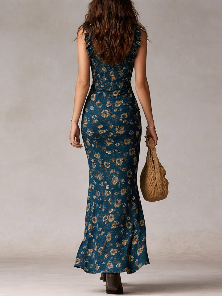 Damen Boho Blumen Maxi Kleid Ärmellos Seitenschlitz
