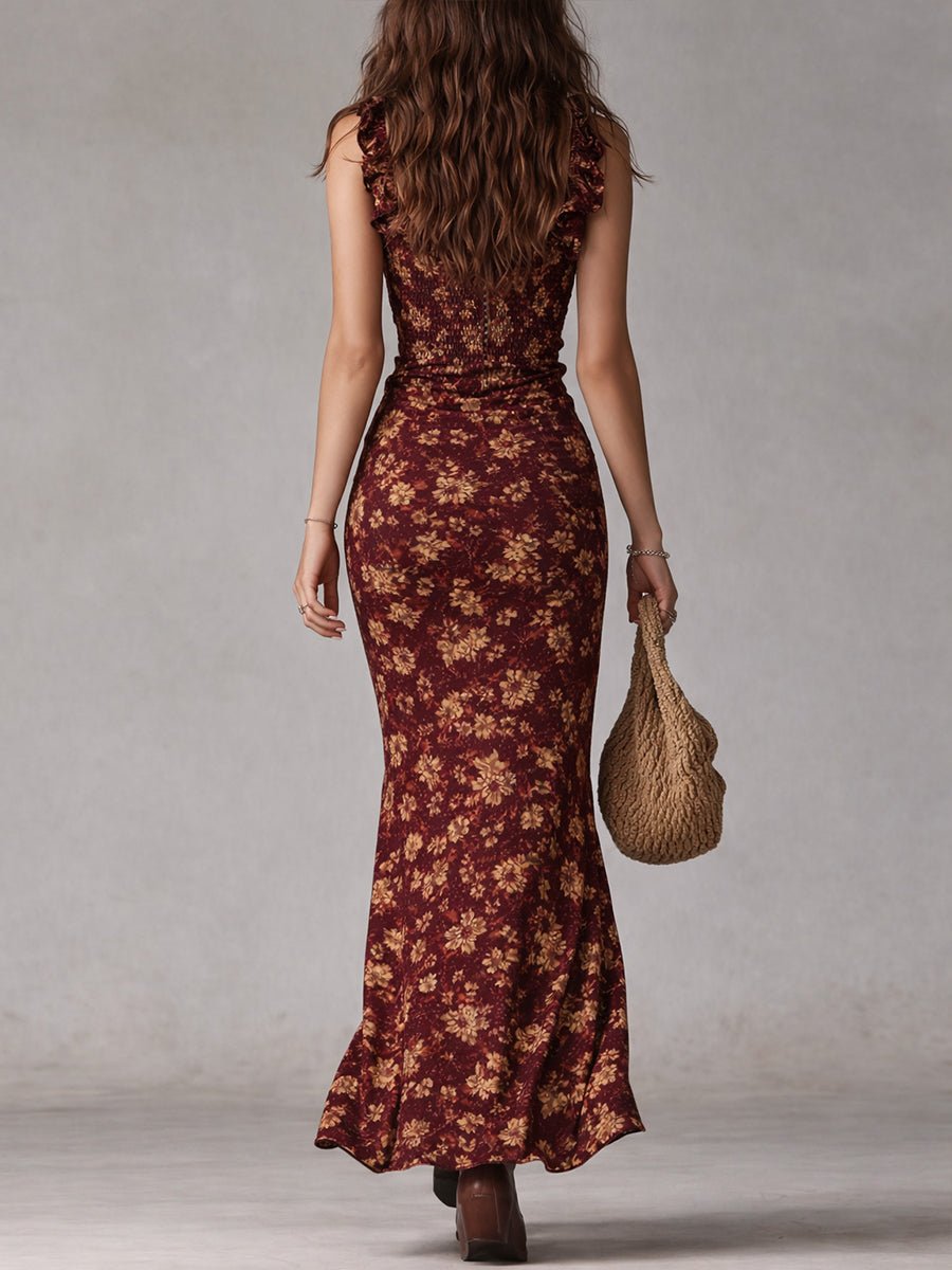 Damen Boho Blumen Maxi Kleid Ärmellos Seitenschlitz