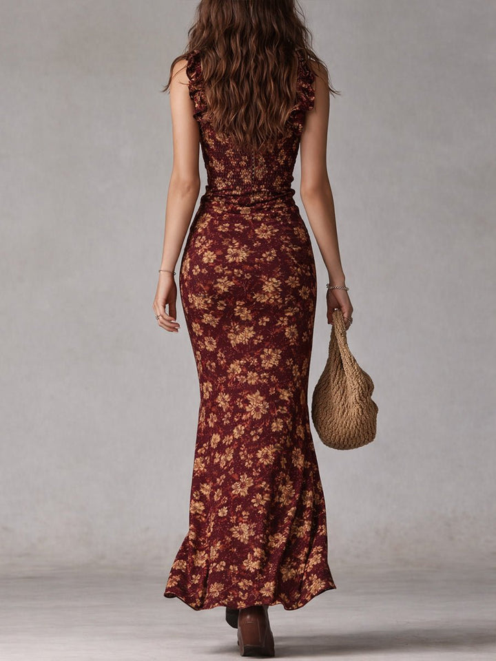 Damen Boho Blumen Maxi Kleid Ärmellos Seitenschlitz