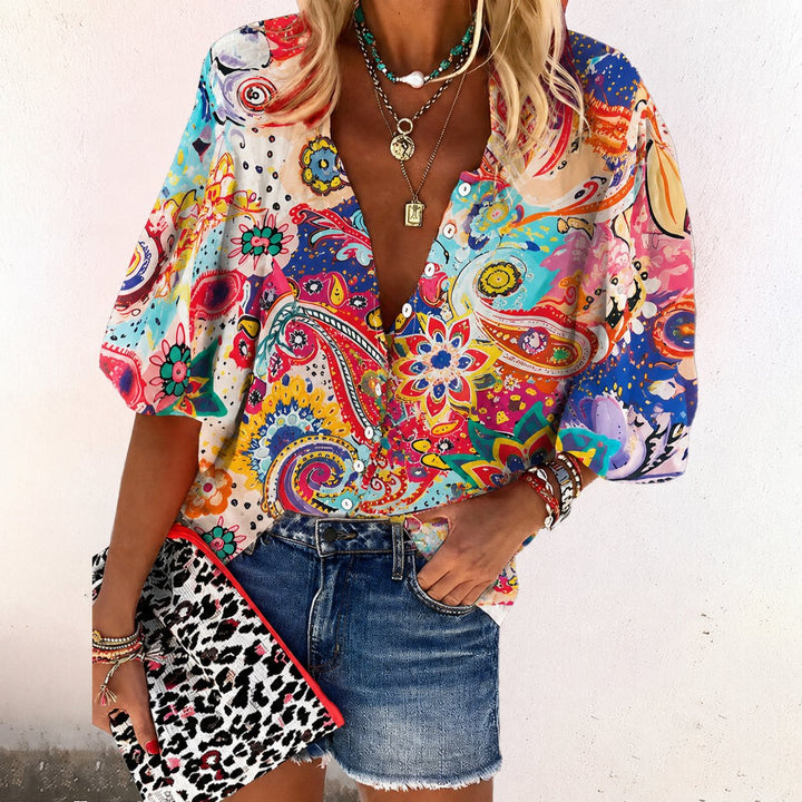 Damen Boho Bluse V-Ausschnitt Langarm Knopfleiste Blumendruck - Pink