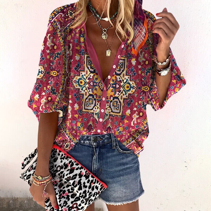 Damen Boho Bluse V-Ausschnitt Langarm Knopfleiste Blumendruck - Red