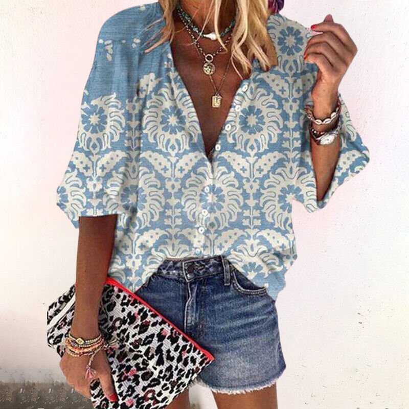 Damen Boho Bluse V-Ausschnitt Langarm Knopfleiste Blumendruck - Blue