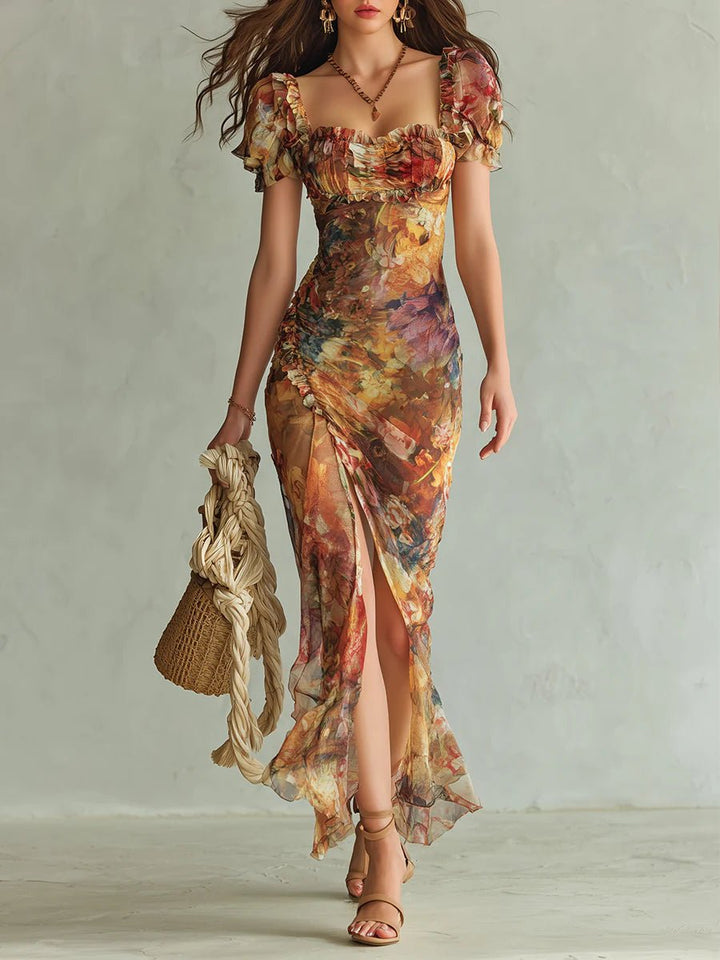 Damen Boho Chiffon Rüschen Herzausschnitt Maxi-Kleid - Orange