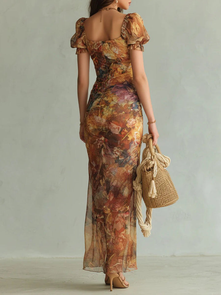 Damen Boho Chiffon Rüschen Herzausschnitt Maxi-Kleid