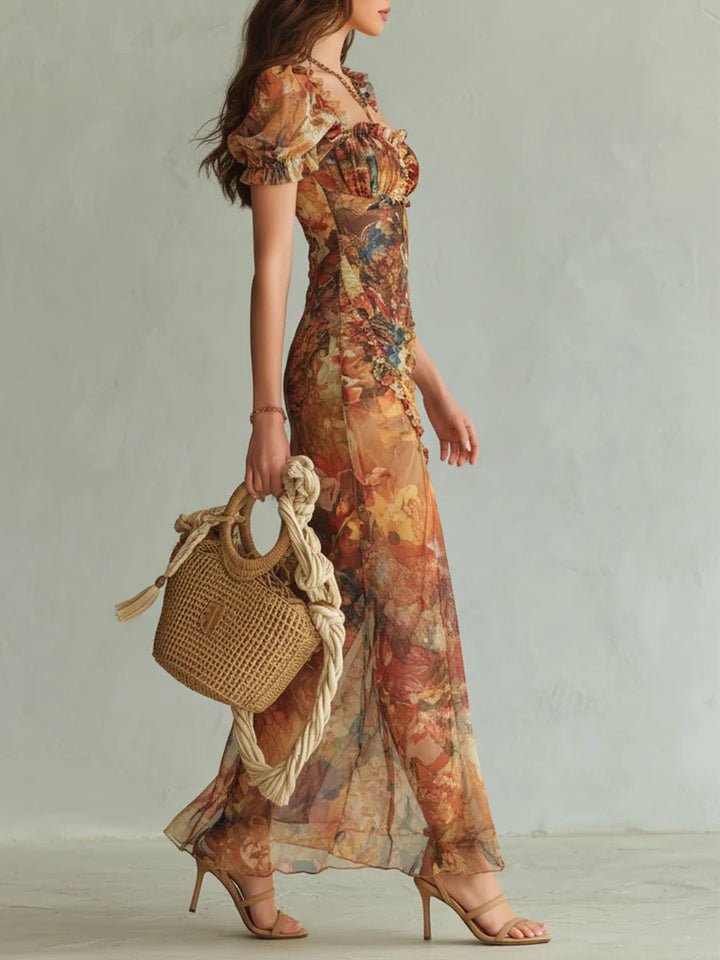 Damen Boho Chiffon Rüschen Herzausschnitt Maxi-Kleid