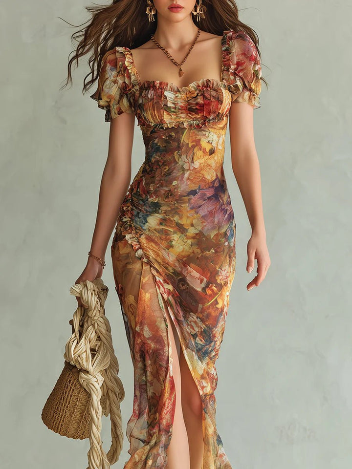Damen Boho Chiffon Rüschen Herzausschnitt Maxi-Kleid