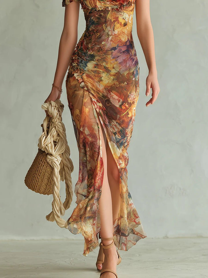 Damen Boho Chiffon Rüschen Herzausschnitt Maxi-Kleid