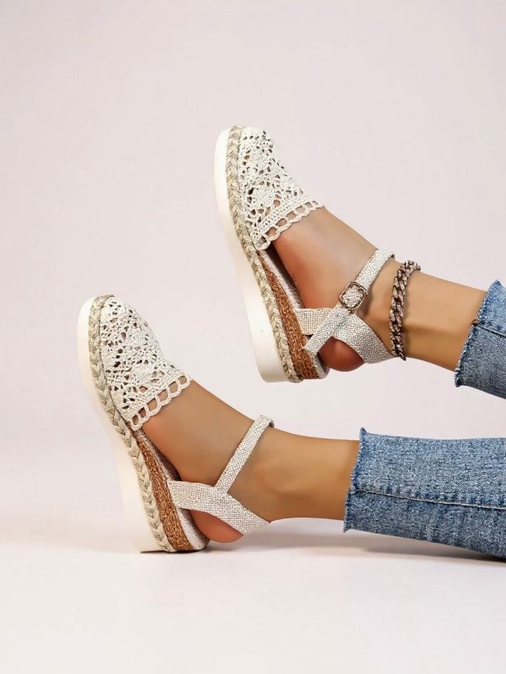 Damen Boho Häkel-Plateau Sandalen mit Knöchelriemen