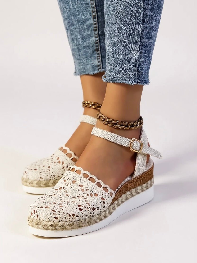 Damen Boho Häkel-Plateau Sandalen mit Knöchelriemen - Beige