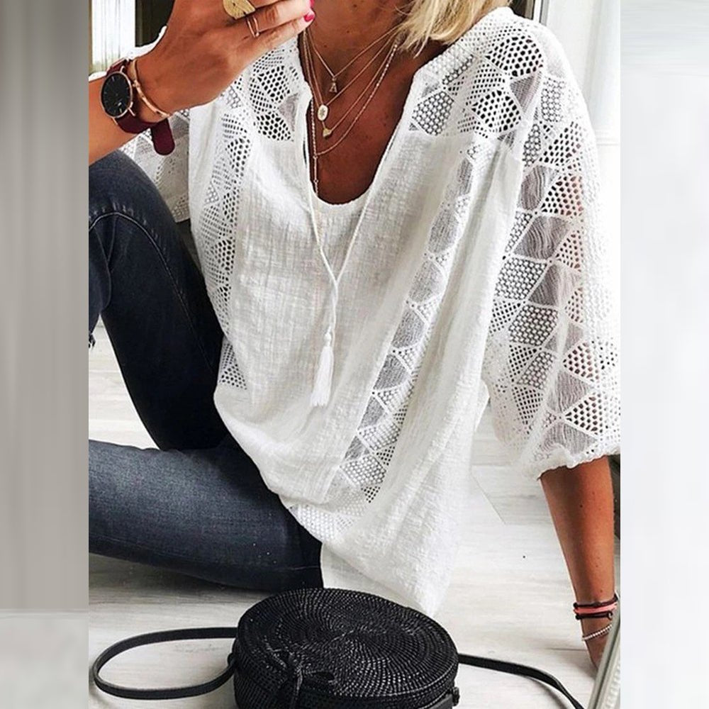 Damen Boho Häkeldetail Weite Dreiviertellarm Bluse - White(Only 3 left!)