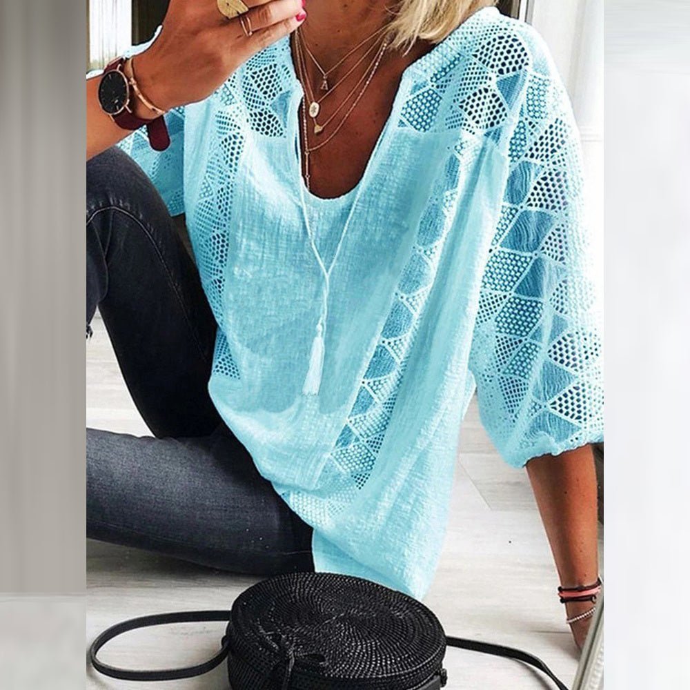 Damen Boho Häkeldetail Weite Dreiviertellarm Bluse - Light Blue (Only 2 left!)