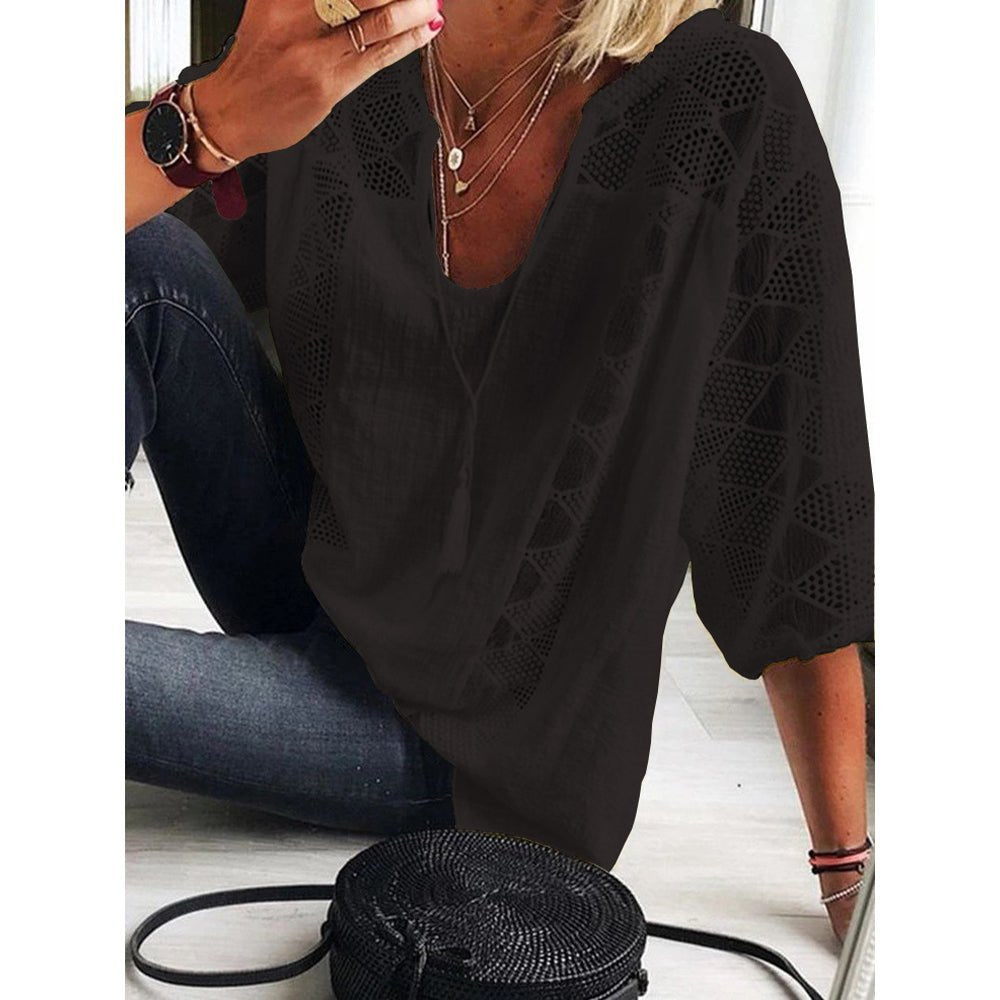 Damen Boho Häkeldetail Weite Dreiviertellarm Bluse - Black
