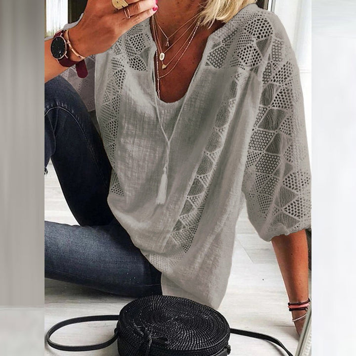 Damen Boho Häkeldetail Weite Dreiviertellarm Bluse - Grey(Only 6 left!)