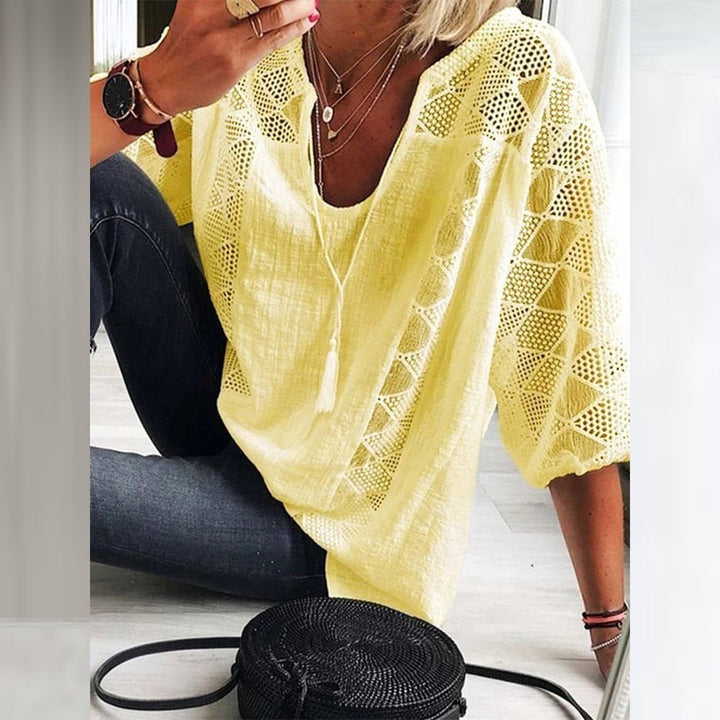 Damen Boho Häkeldetail Weite Dreiviertellarm Bluse - Yellow