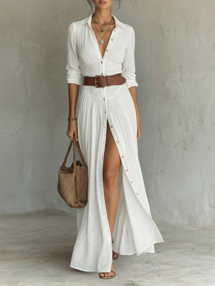 Damen Boho Maxi Hemdblusenkleid mit Gürtel - White