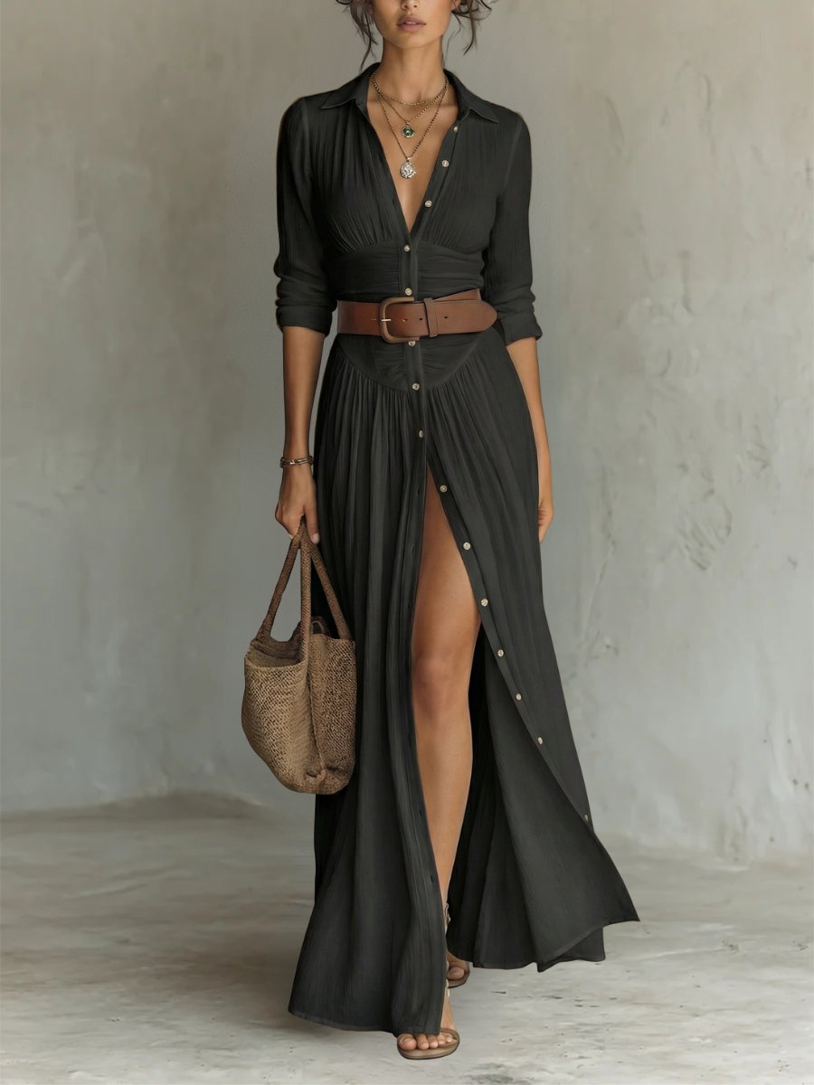 Damen Boho Maxi Hemdblusenkleid mit Gürtel - Black