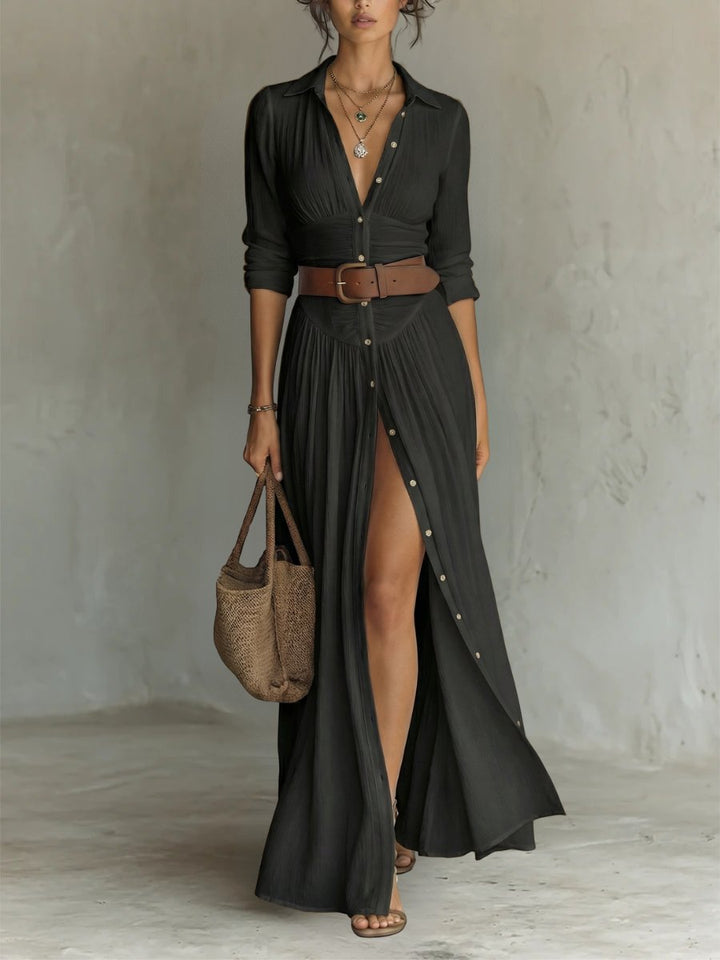 Damen Boho Maxi Hemdblusenkleid mit Gürtel - Black