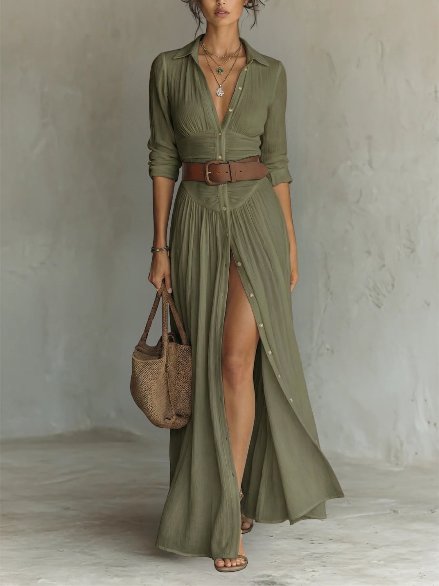 Damen Boho Maxi Hemdblusenkleid mit Gürtel - Green