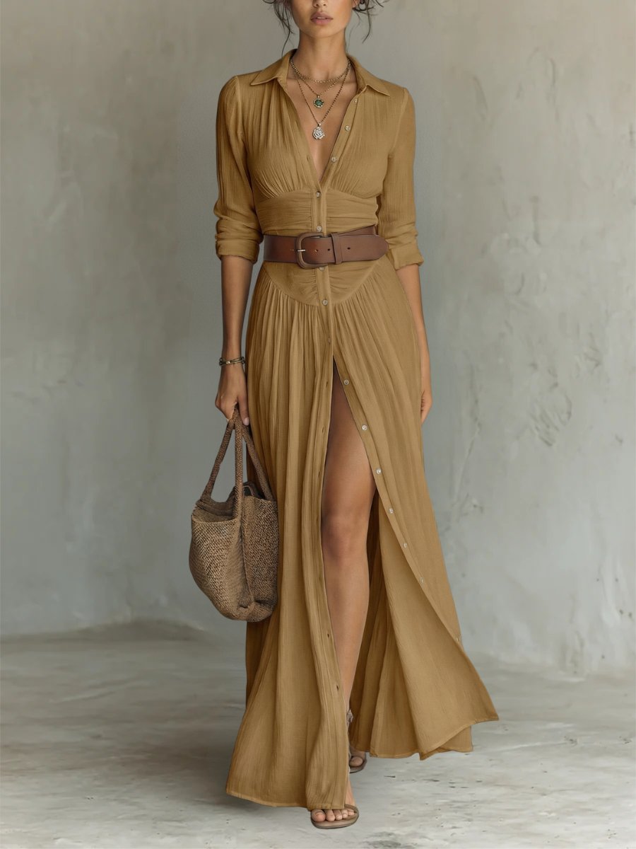 Damen Boho Maxi Hemdblusenkleid mit Gürtel - Brown