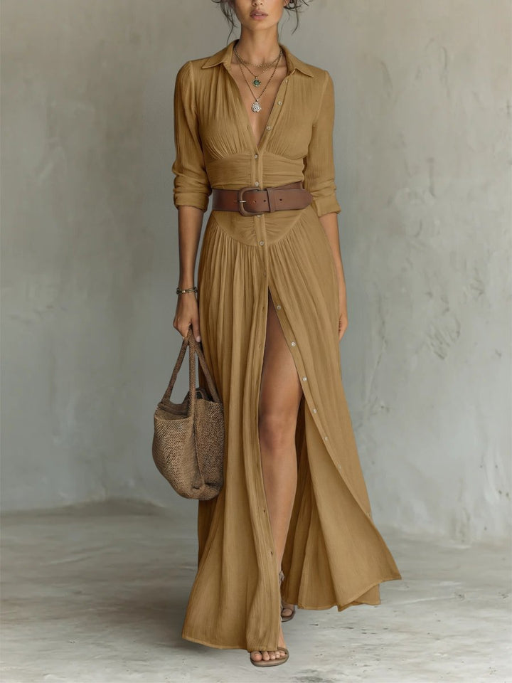 Damen Boho Maxi Hemdblusenkleid mit Gürtel - Brown