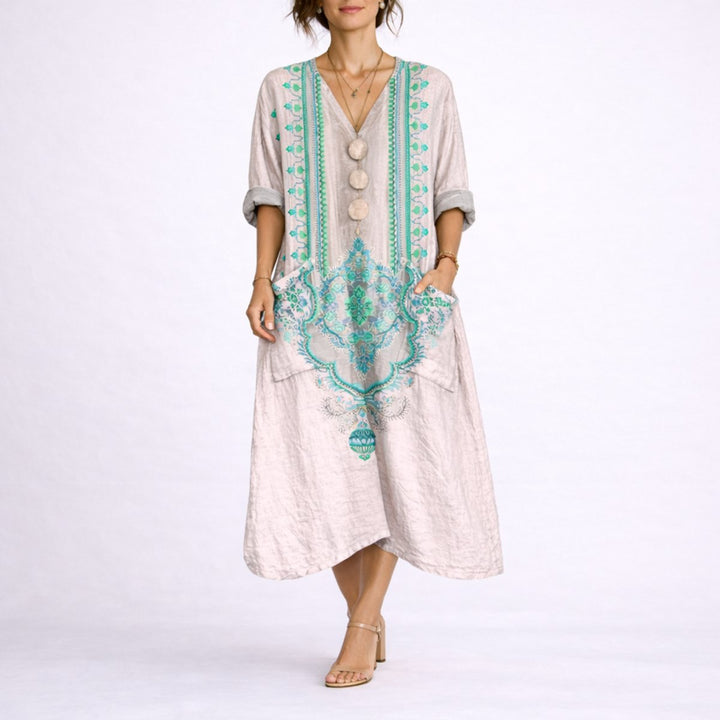 Damen Boho Maxi Kaftan Kleid für Hochzeitsgäste im Herbst - Pink und Grün