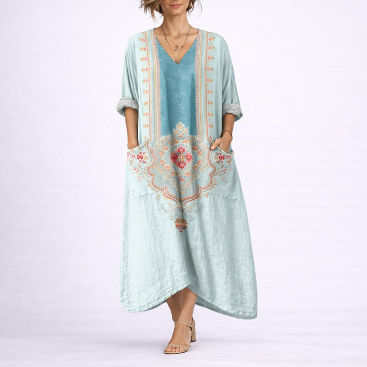 Damen Boho Maxi Kaftan Kleid für Hochzeitsgäste im Herbst - Grün und Blau