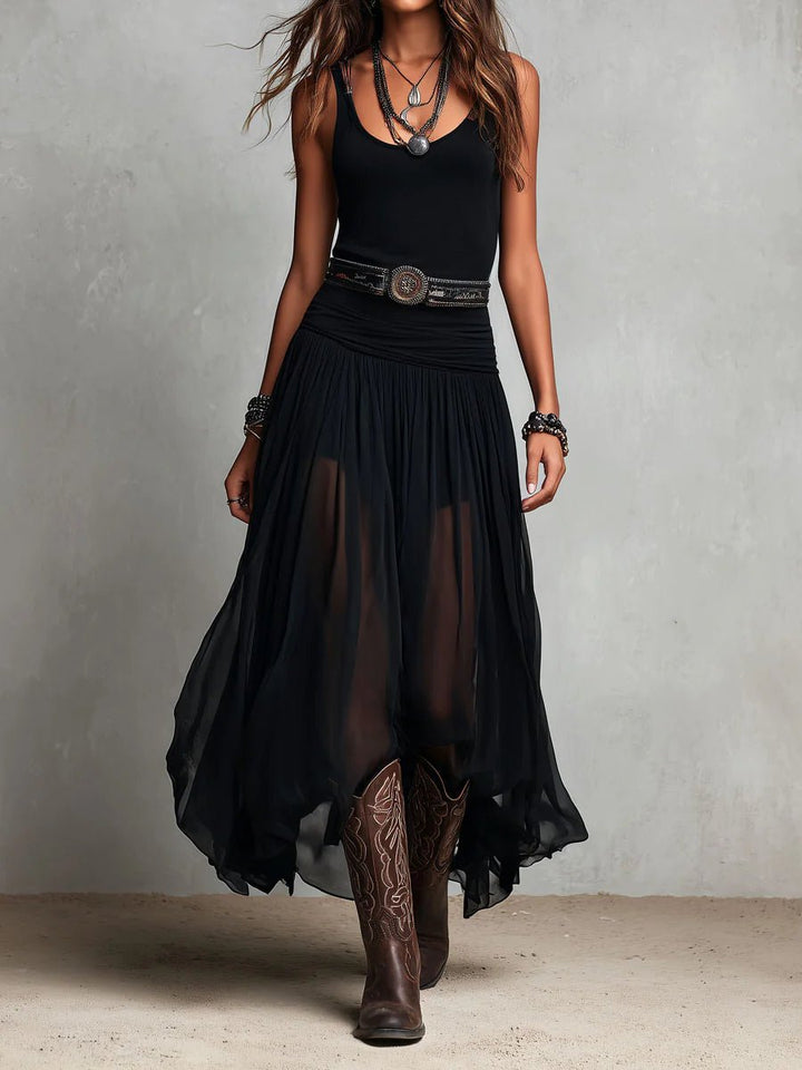 Damen Boho Maxi-Kleid ärmellos V-Ausschnitt fließender Tüllrock Gürtel - Black